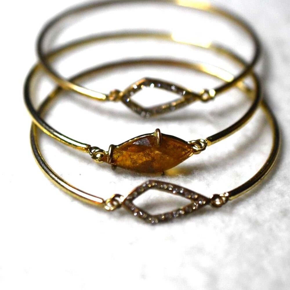 Modern Stylish 3 Stackable Gold Tone Amber Stone Rhinestone Accents 5" Bracelets